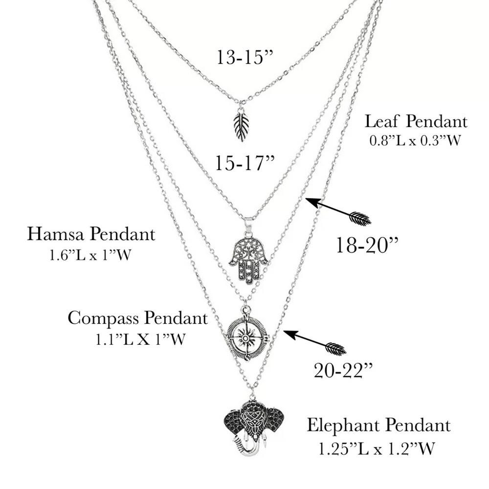 Boho Silver Leaf Hamsa Compass Elephant Necklace - Picture 15 of 15